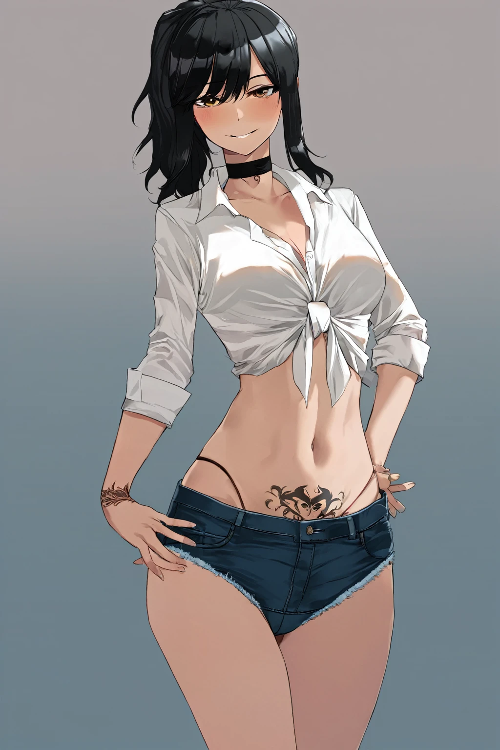 ((8K resolution))、((highest quality))、((masterpiece))、((Super detailed))((((dramatic))), (anatomically correct)、Depth of object being written、look at the camera、one person、one personの女性、glamorous、jagged teeth、double teeth、crescent moon tattoo、wavy hair、black hair、bear ears、fur coat、jeans、bikini、(theme、whole body:1.1),white background