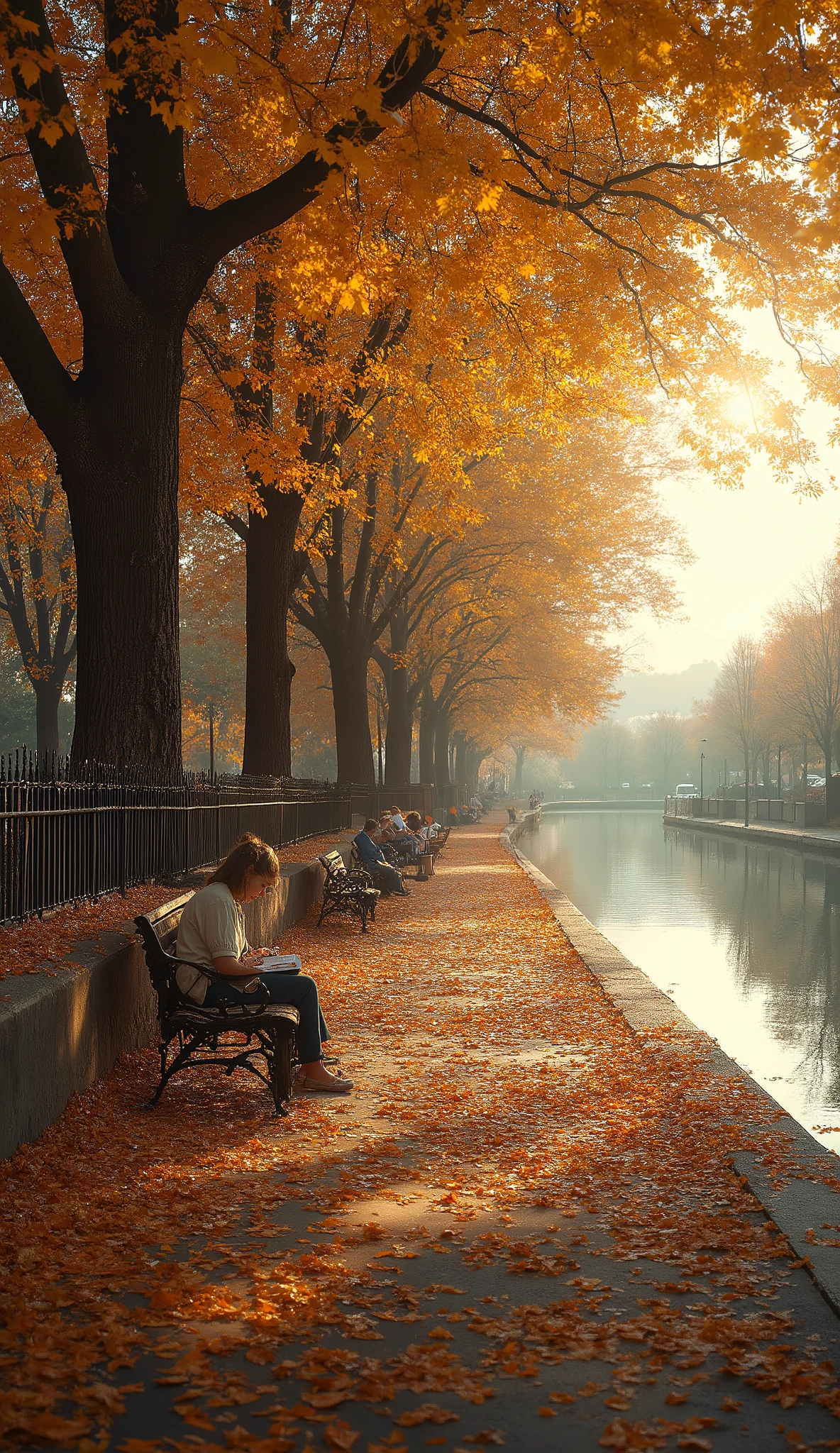 A serene autumn scene in a peaceful park. On the left side of the frame, a young girl is sitting alone on one of the many wooden benches scattered beneath the tall, golden-leaved trees. She is either reading a book or simply gazing out thoughtfully, with fallen leaves carpeting the ground around her. Behind her and extending further left, there are iron grills lining the edge of the park, offering a clear, elevated view of the landscape below.
On the right side of the frame, there's a wide, gently flowing river that reflects the amber hues of the season. The park sits above the river level, creating a scenic drop that adds depth to the landscape. The overall mood of the image is calm and reflective, capturing the quiet beauty of autumn in a riverside park.