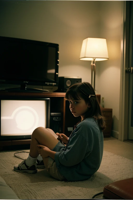 "An old tape on old TV, kids watching '80s TV. Realistic style of better quality and old look."