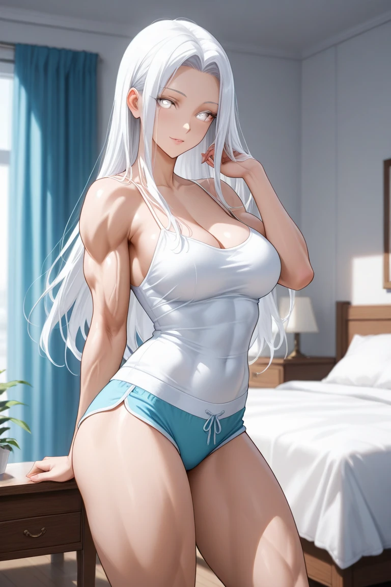 ((((masutepiece、top-quality、Long body、large full breasts、Pure white skin color、perspiring、fullnude、fullnude、fullnude、M-shaped legs、opens legs、Squatting posture、ssmile、Silvery hair、lyin in bed、Split abs、Seductive look、Wearing sweat、A look of shame))))、Silvery hair、(((White eyes、Gray eyes)))、(((((Beautiful abs、long legged))))),((((de pele branca)))),(()),Whole human body、(((Shyness)))、Realistic skin type、an anime girl、Detailed Digital Anime Art、A seductive anime girl、extremely detailed art germ、a hyperrealistic schoolgirl、Ilyakukvshinov、Smooth Anime CG Art、Ultra Realistic Woman、ig model、ArtGerm、Photorealistic anime girl rendering、digital anime art