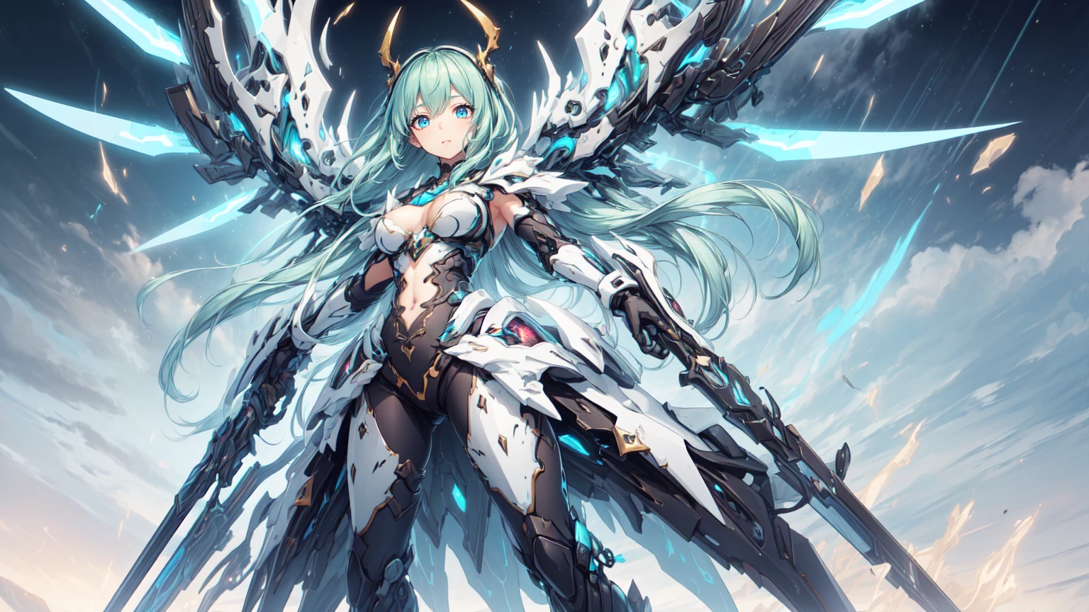 score_9, score_8_up, score_7_up, source_anime,masterpiece, best quality, high resolution, extremely detailed CG, absurdres, highres, a mecha girl with huge mecha_wings and lighted up hair flying in the sky, 1girl, solo, cleavage, thighs, looking at viewer, mecha musume,Colorful portraits