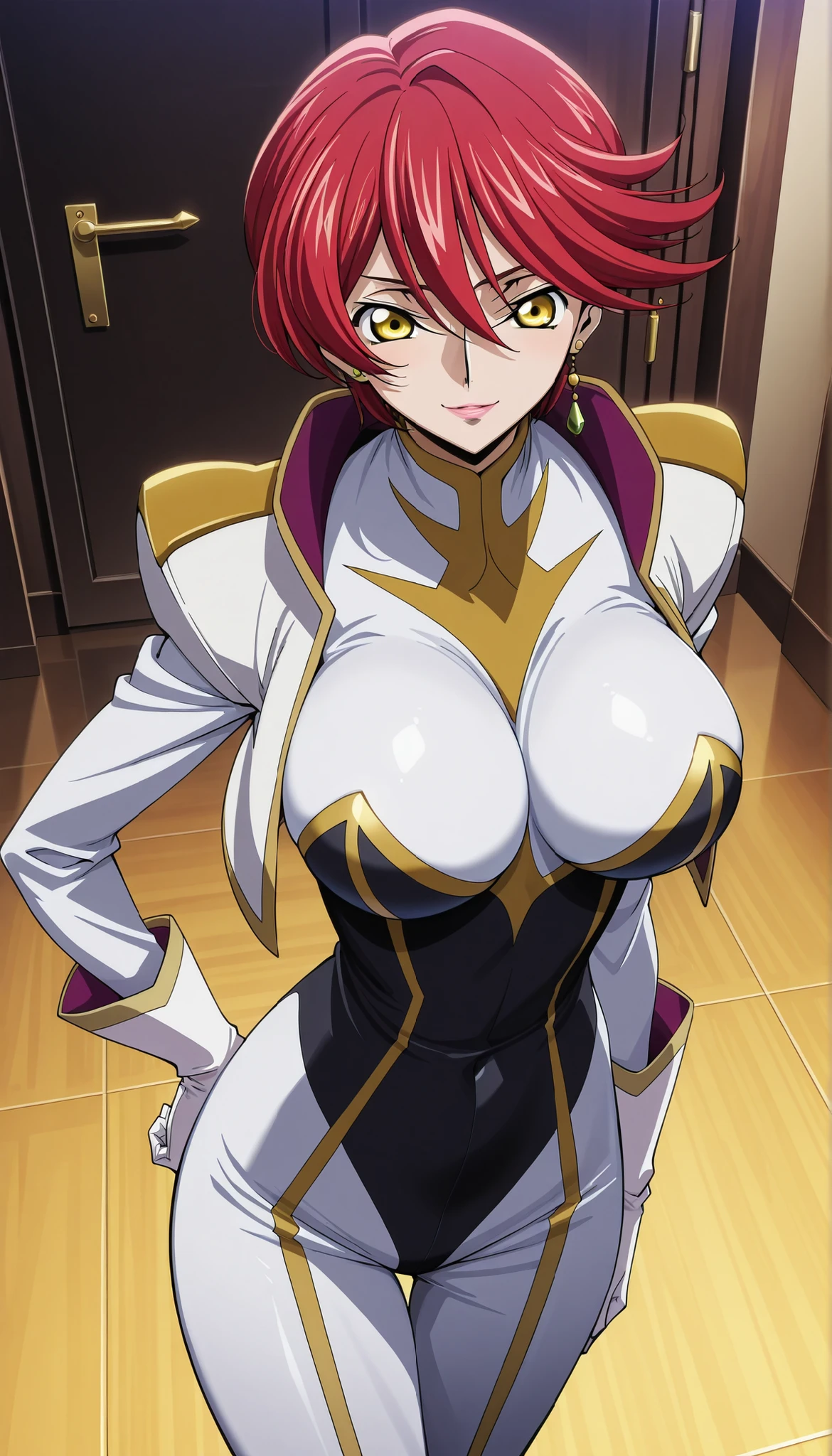 narah_pilotsuit,narah vaughn,1girl,solo,red hair, short hair,breasts, yellow eyes,gloves, jewelry,earrings,lipstick,large breasts,mature female,MILF ,,,,,,, score_9, score_8_up, score_7_up, score_6_up, score_5_up, score_4_up ,,,,, smile earring locking at viewer large breasts huge breasts , big breasts ,,,, code geass narah vaughn , Narah Vaughn | Code Geass Roze of the Recapture , standing 