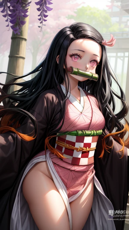 masterpiece, (pink kimono), seductive face, good lighting, décolleté, fine details, masterpiece, glowing eyes, 1girl, black hair, gag, bamboo, Nezuko Kamado, wisteria background, masterpiece, best quality, POV, whole body, wide hips,
