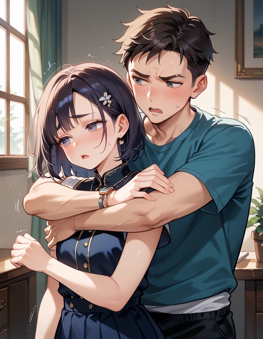Long black haired girl、２０age、clear、White luxurious lace long slip、In underwear、Sexual violence、Being touched by a man、Standing posture、Single image、fear、resistance、Shyness、Crying face、Standing posture、Men&#39;s Room