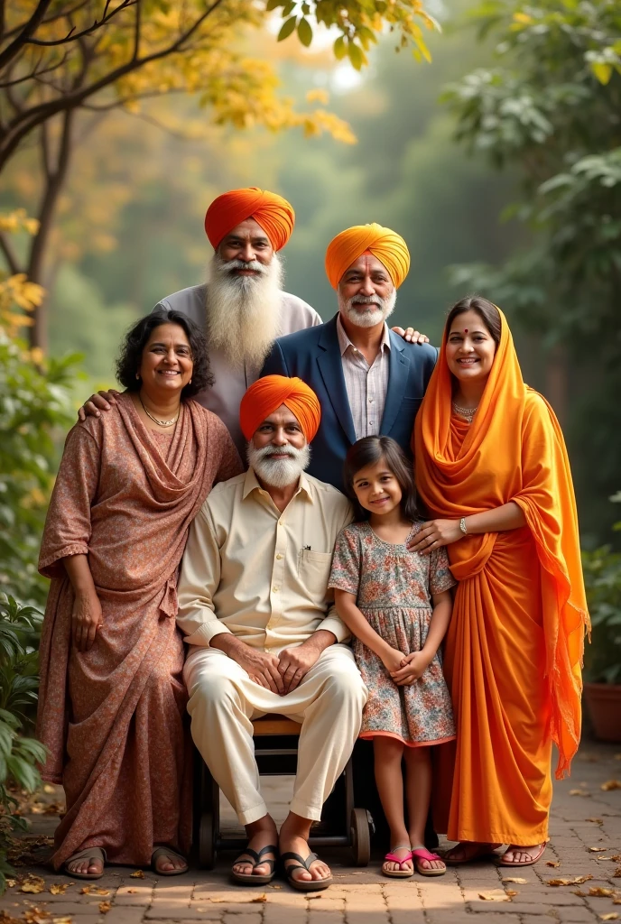 Create a family portrait of a Bangladeshi Muslim family with five members. The mother is a 45-year-old overweight woman weighing 90 kg. The father is a 65-year-old man with a white beard, wearing a cap and a traditional Punjabi outfit. The eldest son is 21 years old, wearing glasses, a shirt, and pants. The middle daughter is 19 years old, wearing glasses and a hijab. The youngest son is , dressed in a cap and a Punjabi outfit.