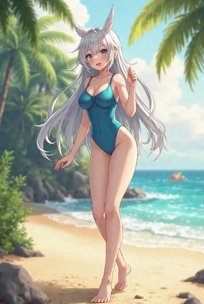 masterpiece, top-quality, Detailed details, Detailed landscapes, beatiful lights, Beautiful Shadows,one girls,12year old,open one's legs,Child's body shape,huge smile,detailed skin textures,flipflops,long,Bunching hair,Silver hair ornament、silber hair,piercings、Silver necklace、Red bright eyes、Children's swimwear,Fluffy swimsuit,,sea side、beach chair,sitting on、beach parasol、L size drinkle sky、llight rays、High contrast,((Oblique view from below))