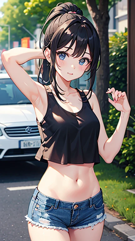 a girl，Wear white，The mini skirt reaches just below the waist，black hair，Blatant clavicle，No underwear，Open navel