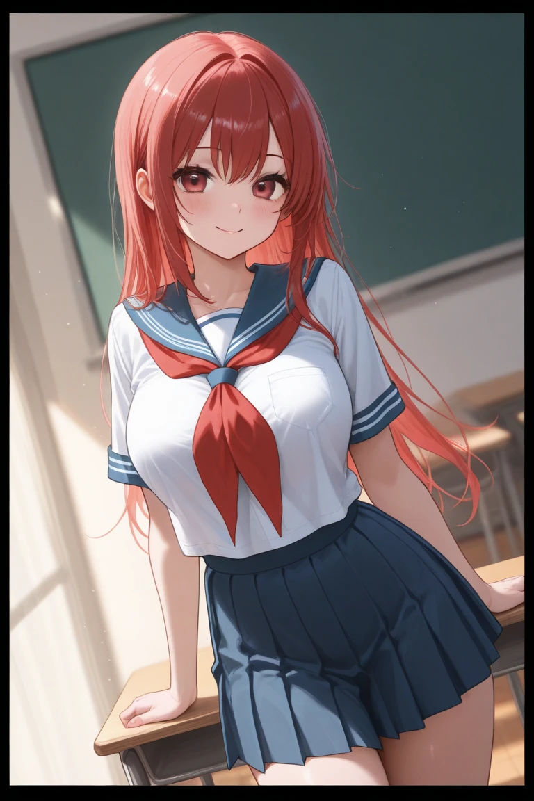 (top-quality、in 8K、32K、masterpiece、nffsw、超A high resolution、Impresionismo、Photorealsitic:1.2)、Angle from above、High angle、Colossal tits、cowboy shot, detailed faces and eyes、 Inside the classroom、Schools、Evening glow、beauitful face、blurry backround、16-year-old beautiful girl、shinny skin、Long、Beautiful red hair、Blunt bangs、Blue eyes、(scrunchie:1.2)、a sailor suit、Pleated miniskirt、Curve、Stand on one knee、(I can see panties:1.2)、Smile with open mouth、Opening legs、