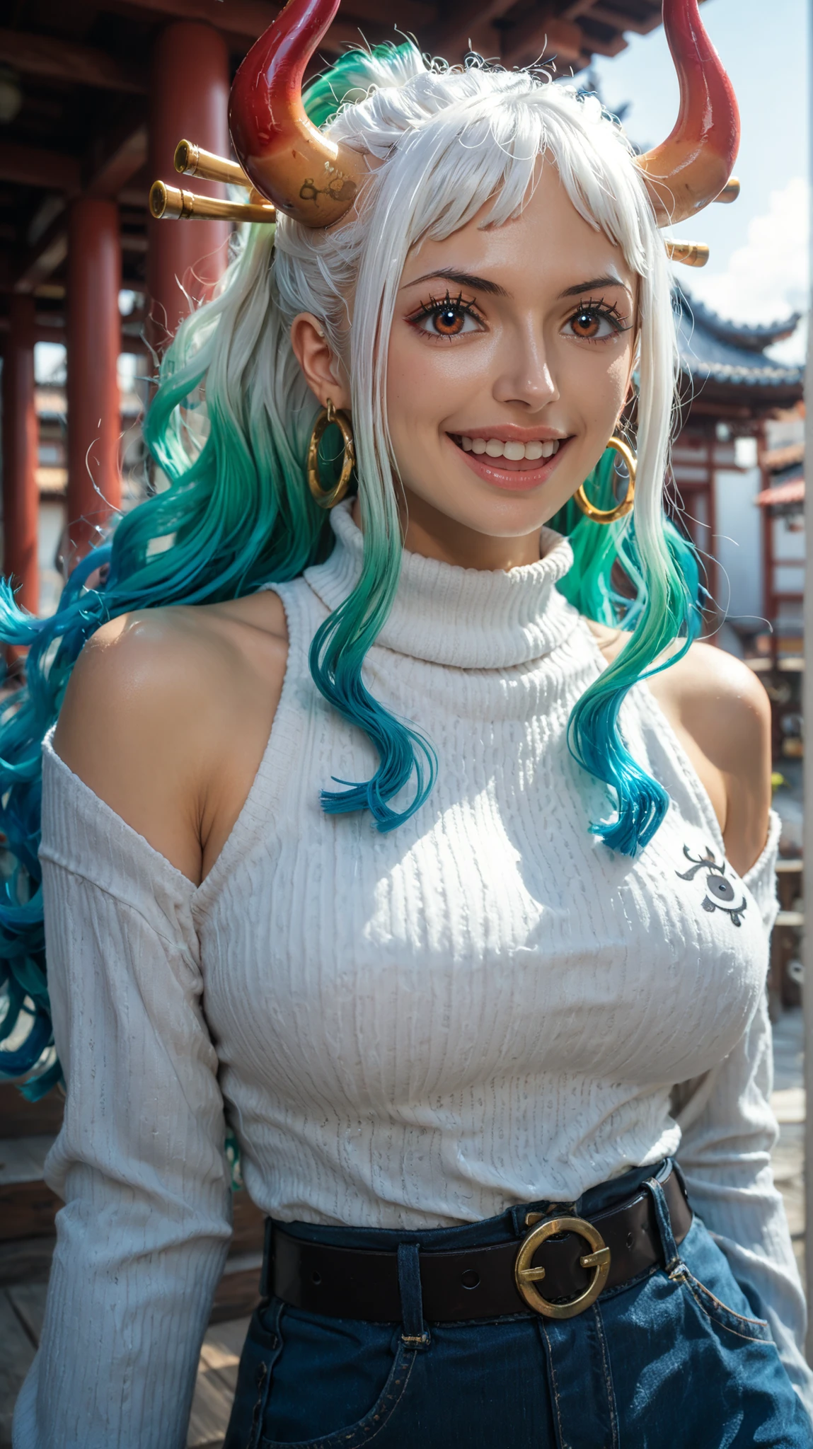 Yamatowanpi (multicolored hair: 1.2), light green hair (best quality: 1.0), (very detailed: 1.0), (1 girl: 1.3), score_9,score_8_up,score_7_up,score_6_up,yamato\(one piece\),  1girl,solo, turtleneck sweater, long sleeves, black turtleneck sweater, colored horn, multicolored hair, pants, upper body, belt, smile, happy, open mouth, white hair,green hair, bare shoulders, hoop earrings, large breasts,, Asian, cute, beautiful (26 years old), toned abdomen, horns, 