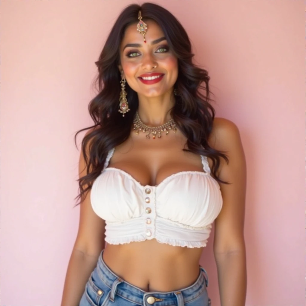 close up of a woman with a very long curly hair,backless, tight bra, very big boobs, with a seductive smile, very pretty model, movie stills photography, curly haired, stylish pose, beautiful model, cute beautiful, with lovely look, indian, modeling shoot, beautiful look, photoshoot, actress, pr shoot