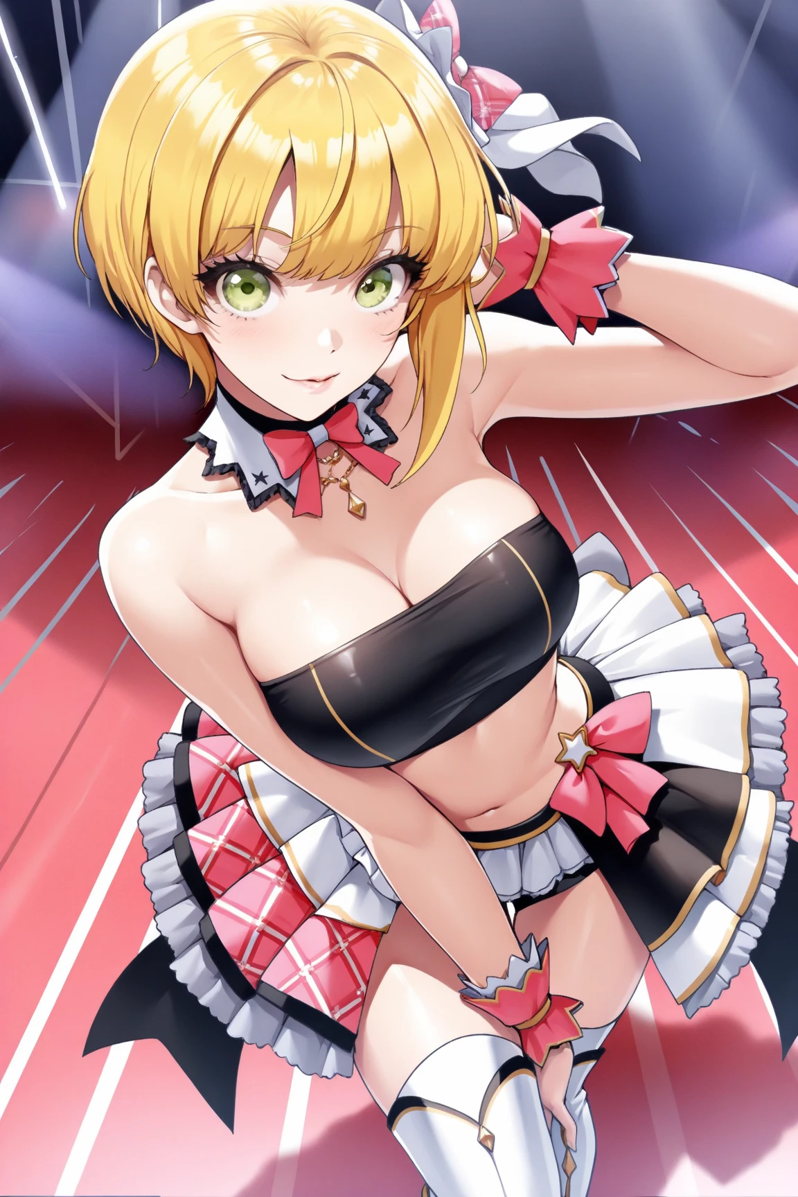 (Masterpiece、Highest quality、Very detailed、4K)、One Woman、Super short skirt、Big Breasts、Panties、Idol、smile、Sweaty、standing split