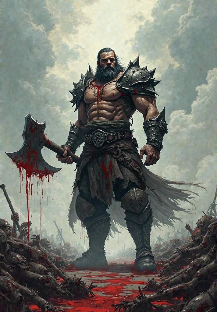 Zombie muscle strong body, villain, grip axe full size, blood in mouth, full body, full body view, sharp axe up,