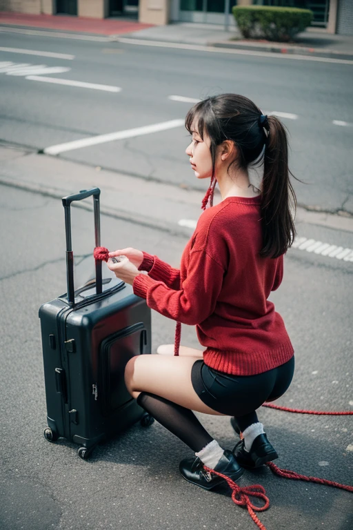 Top Quality, Masterpiece, Ultra High Resolution, (Photorealistic: 1.4), RAW Photos, 1 Woman, Big, Blonde and Brown Hair, Medium Hair, Asymmetrical Hair, Straight Hair, Asymmetrical Bangs, Squat Panties Visible,