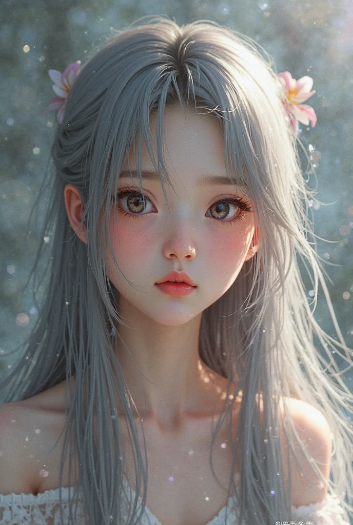 A wall with flower illustrations painted on a white wall、one girl、The ultimate cute Scandinavian woman、adorable baby-faced girl、ash gray hair、detailed hair、bun hair、Pale turquoise eyes、earrings、no makeup、plump lips、natural skin texture、An ennui look、Highest image quality、highest quality、Super detailed、master piece:1.3、Portrait、blurred background、white silence、cinematic lighting、RAW photo、professional photographer、
