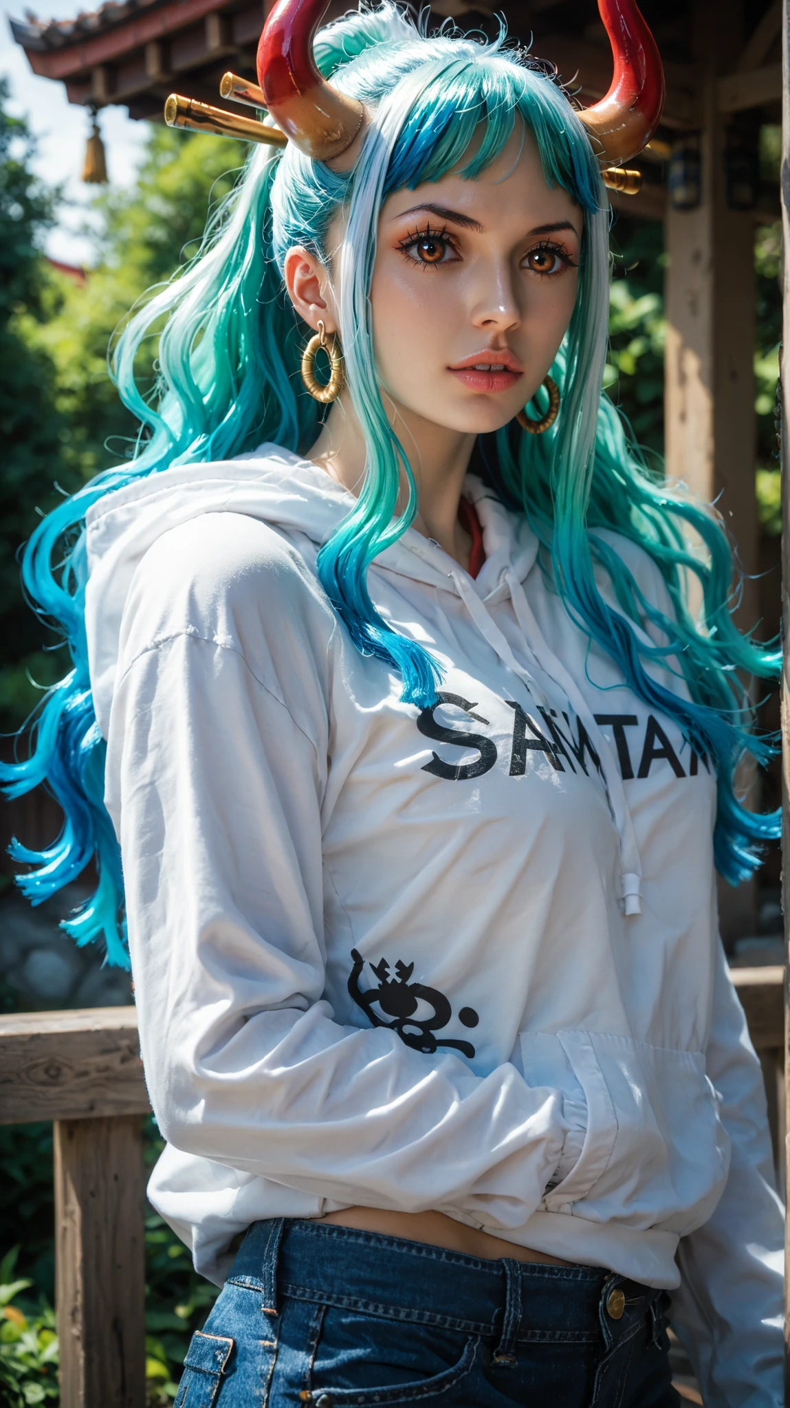 Yamatowanpi (multicolored hair: 1.2), light green hair (best quality: 1.0), (very detailed: 1.0), (1 girl: 1.3), score_9,score_8_up,score_7_up,score_6_up,yamato \(one piece\), 1girl, solo, long hair,upper body,looking at viewer, parted lips, outdoors,Hoodie and jeans, Asian, cute, beautiful (26 years old), toned abdomen, horns, 