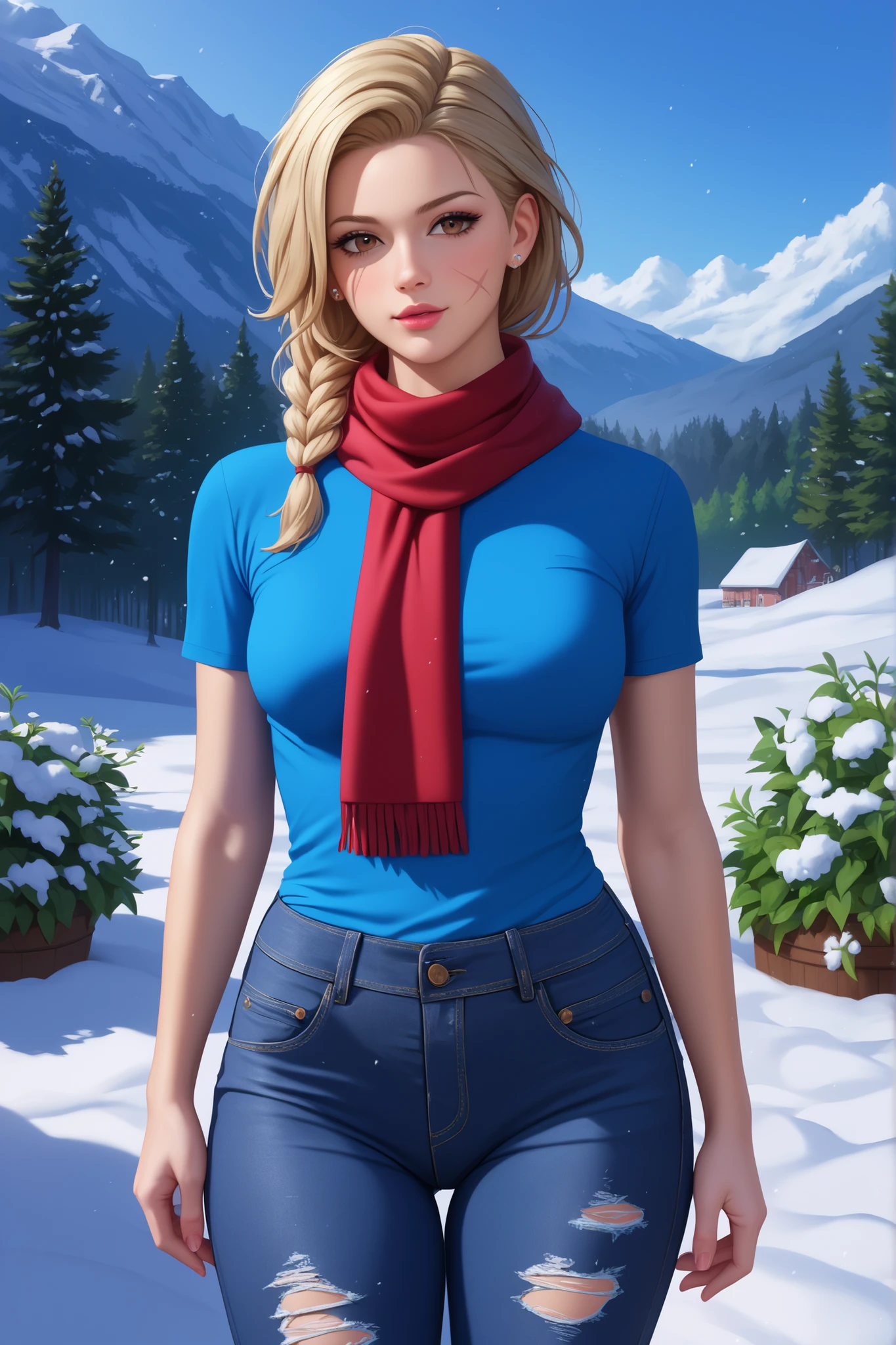 masterpiece, best quality, amazing quality, very beautiful, Absurd, latest, scenery, anatomically correct, 16k, UHD, accurate, expressive, {{1girl solo}}, illustration, masterpiece, ultra-detailed, {{detailed shading, detailed skin}}, {{realistic skin}}, BREAK, detailxl, Details, high definition, 8k, Ultra High Resolution, soft saturation, professional quality, perfect contrast, Anatomically Accurate, young woman, pale blonde hair, damage clothes, t shirt, jeans, damage jeans, scarf, brown eyes, braid, scar on face, athletic, tall, winter, snow, garden background, winter garden background, hips and thighs focus,