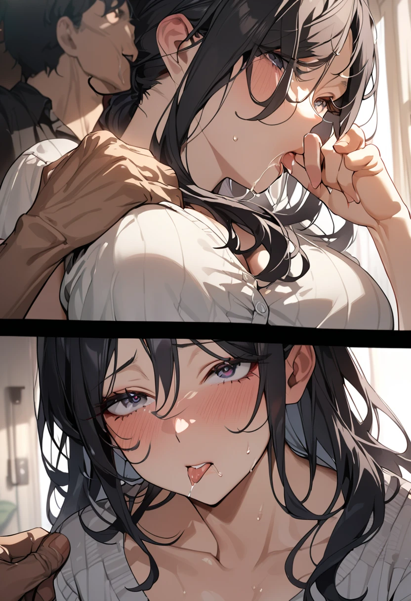 nsfw,,????????,portrait, female kneeling on floor,sucking a penis hardly,(tanned skin,tanned adult female:1.2), (black hair),short hair,bukkake on face,,white dress shirt,cream school cardigan,pleated checked skirt,at public restroom,look up,(blushed:1.2),trembling,(adult curvy body:1.1),bukkake on face,dirty floor,desperate and crying,excessive ???