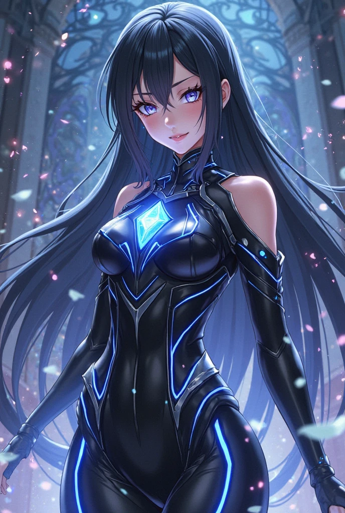 8K, Ultra HD, Masterpiece, 1 girl, exquisite face:1.5), very long hair, strait hair, detailed eyes, ultimate details, wearing black leather jacket, black clothes, (glowing clothes:1.4), amazing magnificence, LED Internal lighting, glowing iris, glowing iris, light smile