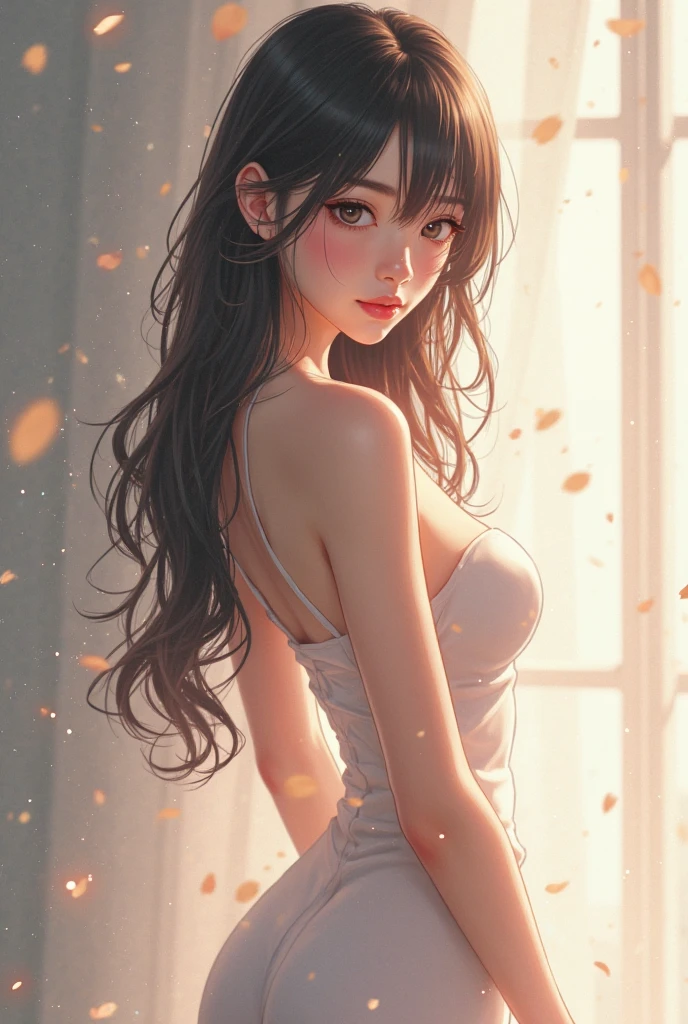 anime style beautiful naked young woman, 25 years old, naked pale skin, angelic face, curly red hair flowing in the wind, her flushed face has some freckles, she wears discreet earrings. Sculptural naked body with small naked breasts with hardened nipples, naked pubis with hair, sitting with legs spread, perfect bare crotch is visible, and bare feet. The character is sitting on the edge of a hot tub full of water, looking shyly forward, detailed colonial decoration around