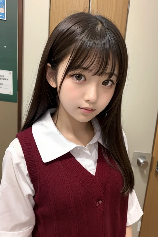left hand behind hair、beautiful hair、high school girl、very cute face、short bob、uniform、baby face、pink lips、small lips、