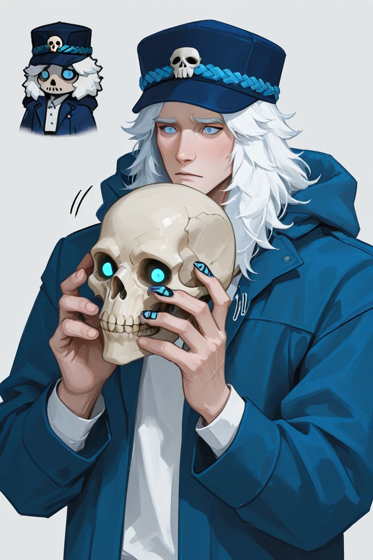 masterpiece: 1.2, best quality), makeup, hat, skull, boy, white hair, blue eyes, 2 dices in hand, 