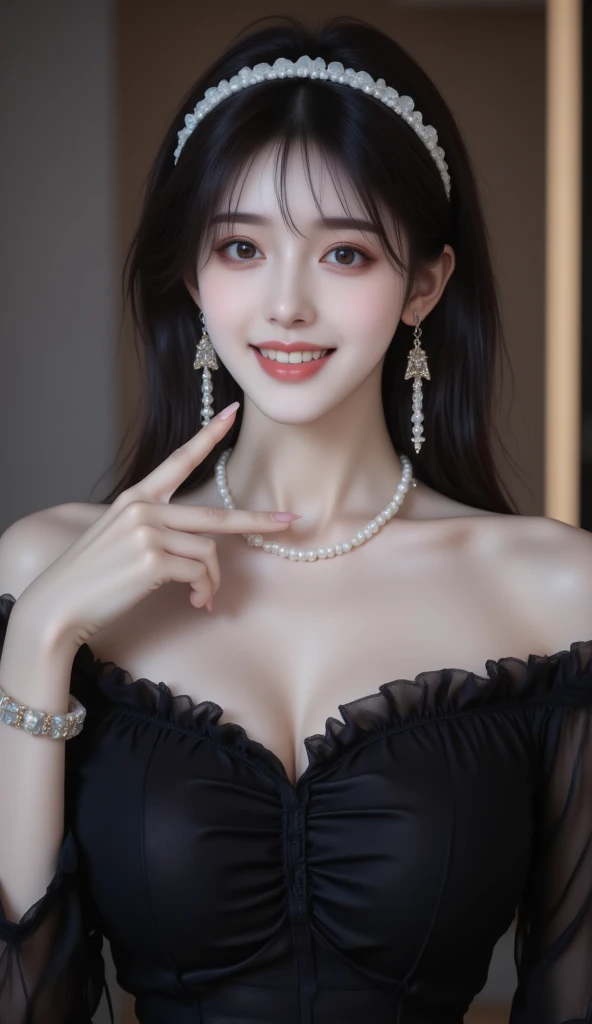 Highest quality、 High resolution、Super detailed、8K images、Perfect detail、Professional photography、RAW Photos、Realistic、Perfect dynamic composition、Japanese、woman、chandelier、whole body、Black Dress、tiara、necklace、Long black lace gloves、Black face mask
