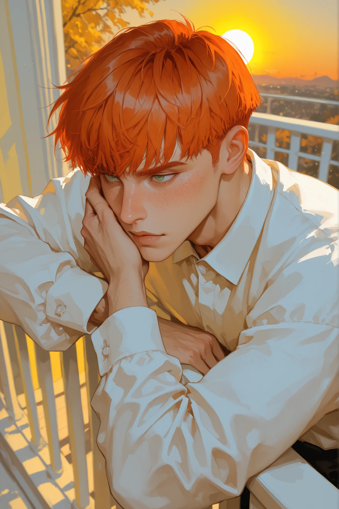 Solo man, in red and white period clothing, Short hair for men, Red-haired, Orange hair, emerald eyes, freckles on his face, soft hair on his upper lip, short hair, dominant expression, autumn mood, On an old balcony, 1500s, strong, masculine, masculine hair, man, Men's haircut, strong sun, zoom in on the face, face down, yellow light, Strong Sun, real sun, Sunset