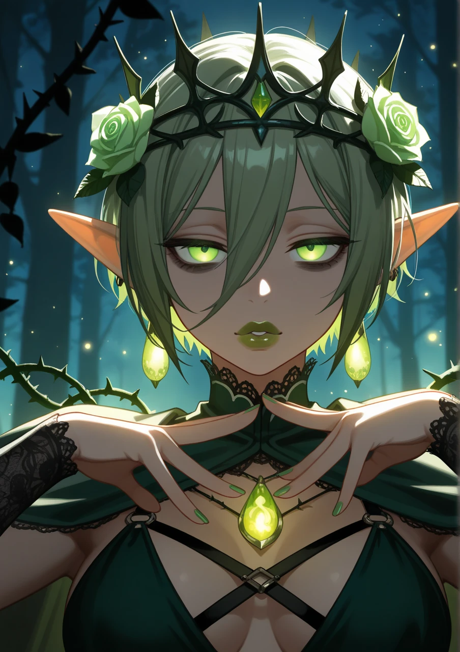 Enchanted Forest Clearing Moonlight Glow (Solo) Portrait Elven Ranger Nature-Wise Tracker Verdant cloak adorned with forest flora silver bow carved from ancient wood ethereal moonlight reflecting in piercing emerald eyes serene expression wisps of silver hair ethereal wisps of magic swirling around