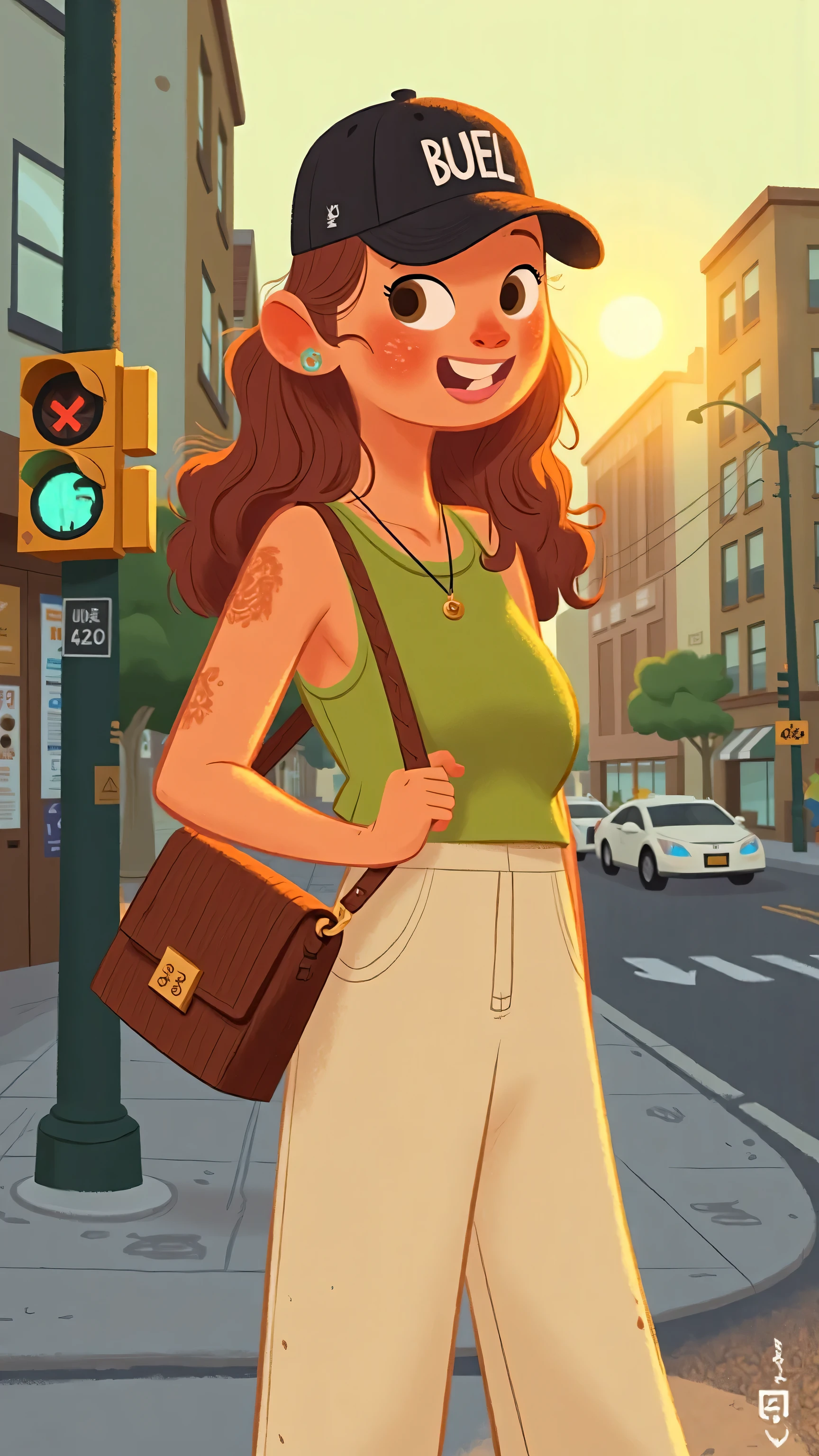 A 2D digital illustration-style picture，A stylish and elegant young woman（has long brown wavy hair that is naturally flowing，Brown eyes， yellow skin），She is wearing a black baseball cap（The hat has white letters），wearing a green sleeveless top and white high-waisted wide-leg pants {x}，messenger bag with a brown shoulder bag with a metal chain；Standing on the sidewalk, a traffic light。The scene is a city street at dusk，sunlight oblique，on the hat，The picture is a light isometric perspective，Overall clean and fresh，using a flat paint style，slightly Japanese illustration style。
