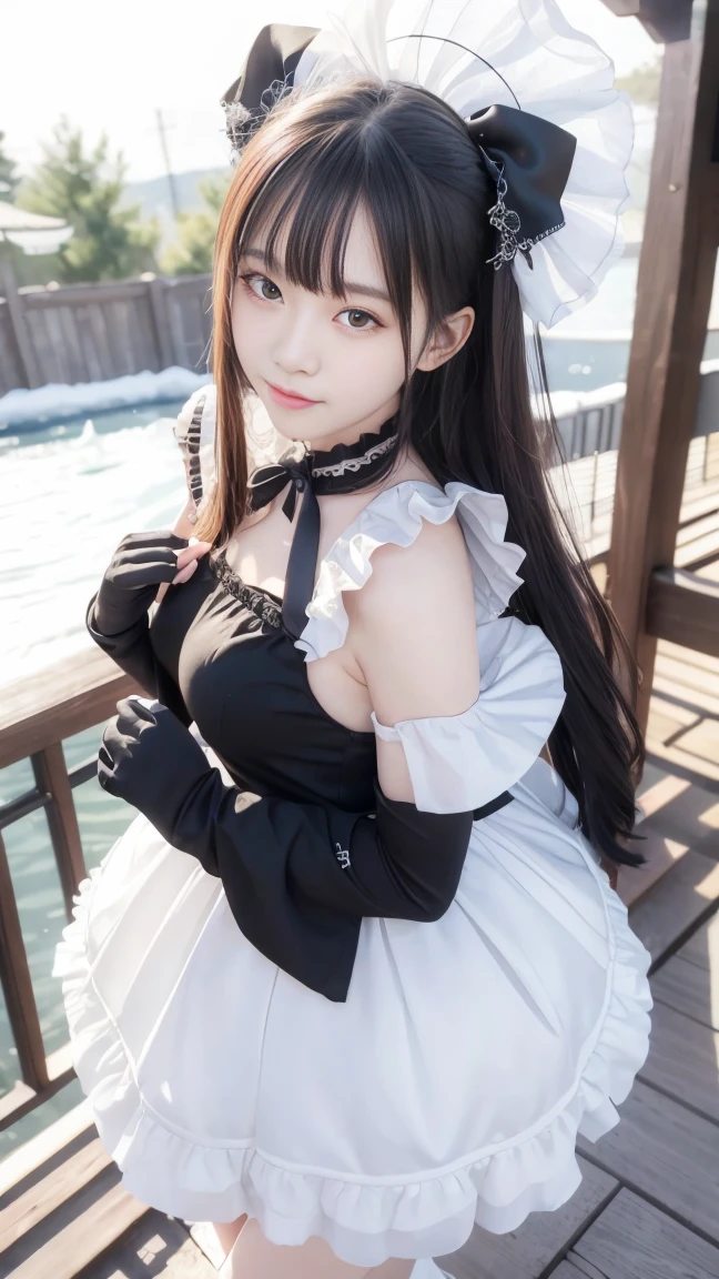 ((masterpiece)), ((highest quality、Ultra high definition)), (Very detailed),8K、Photo quality、((Amazingly cute girl)),( -yeld gi, Two people, , (Beautiful emerald blue eyes), ((smile)),In the open-air bath overlooking the sea, Beautifully arranged black hair in twin tails、whole body、((Super high-end white see-through summer gothic lolita maid costume、A super mini skirt with lots of frills))、Professional Lighting、(White lace knee-highore detailed and beautiful)、(More details and cutenesore realistic)、(((ウインクしている)))、