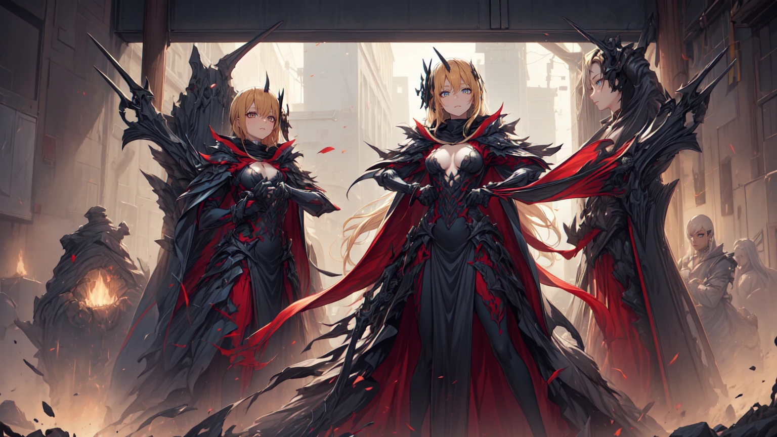 An adult woman with long blonde hair and red eyes. She would have dragon features: wings and sharp pupils like a dragon.
She would also wear dark souls-style body armor.
Artwork based on dark souls, gothic style.