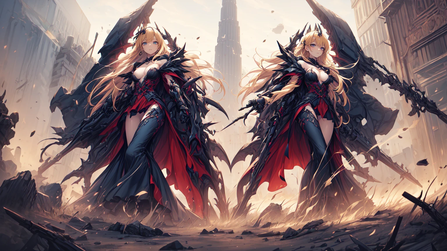 an anime woman, muscular, big breasts, big ass, in tight clothes, with long blonde and spiky hair, with red eyes and an angry but cute expression.