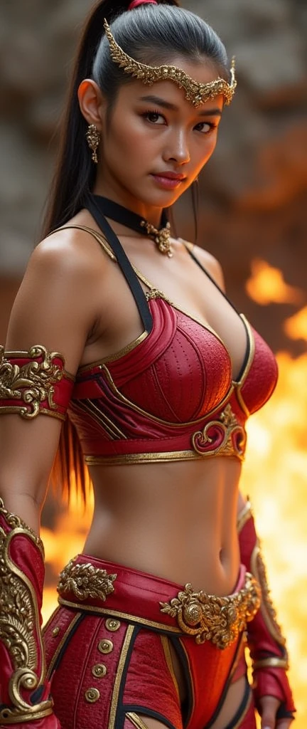 Highest quality realistic photos, Skin Texture, Beautiful female warrior in red, Returned from the battle