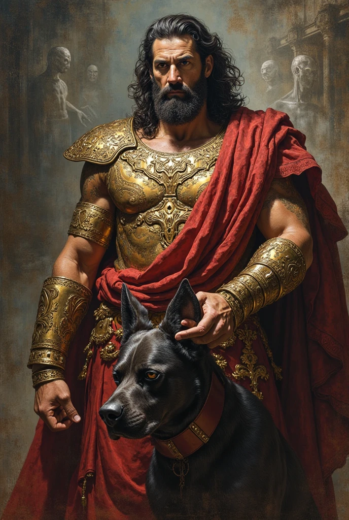 (photorealism:1.2), built up hades, dark golden skin wearing a black and gold crown, gateway of the greek underworld, hard lighting, fire and lava in background, holding a big sword in one hand, and on the other hand holding a giant three-headed chihuahua from hell, three-headed dog, steady pose, realistic, intricate details, warm colors
