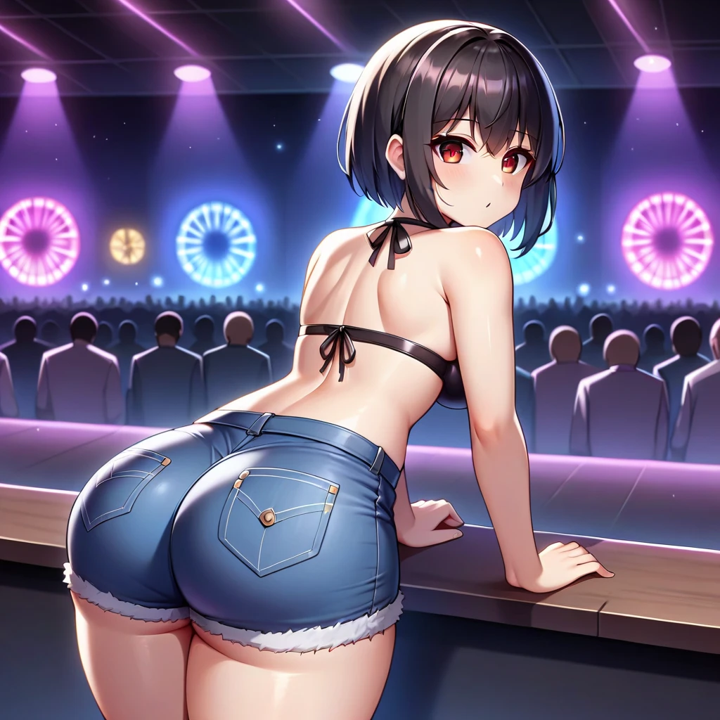 Rear view, higher angle, from above, porn, doggystyle sex, 1 girl, anatomically correct, prostitute on a sex show, on stage, short black hair, completely naked, blue eyes, looking over her shoulder, shy, embarrassed, blushing, mouth open, on all fours, having sex with viewer, having sex on nightclub stage, people down the stage, people staring at her, people watching her having sex, sex show in a club, 8k, best quality, doggystyle pov, sex on stage, people below stage, crowd below stage, crowd staring at girl, sex show on nightclub, sex on stage