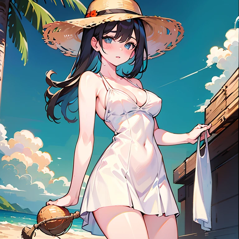 The girl is wearing a short sleeveless summer dress,