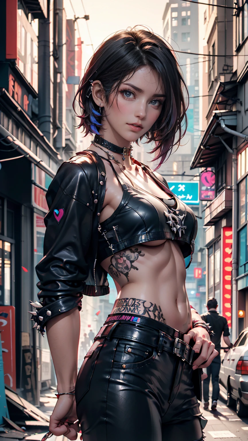 (highly detailed:1.3),
1girl, solo,
enti, red eyes, (light smile:1.3), (white shirt:1.3), (punk oufit, jacket, shorts, sunglasses,ribbons:1.6), (cowboy shot:1.2), (necklace:1.2), (arms behind back:1.3),
Ultra-detail, (highres:1.1), best quality, (masterpiece:1.3), cinematic lighting,
(highly detailed face and eyes:1.3),