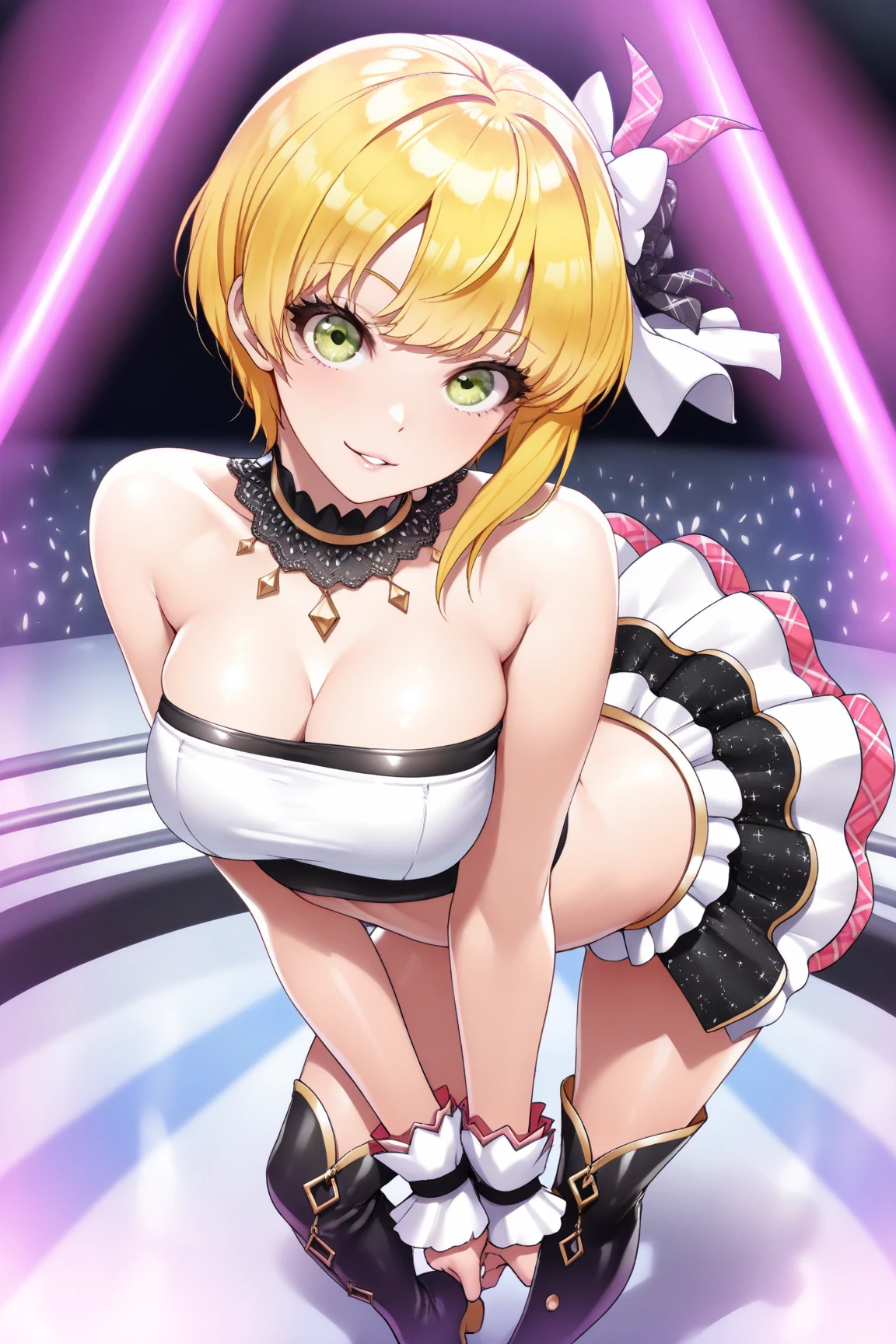 masterpiece、Soft Focus , Bright gradient watercolor、Tabletop, High resolution, 8k, Anime Women, Delicate and detailed writing 、Detailed digital illustration、high resolution, high quality、Detailed Background、Close-up photo、
short hair、Shiny Hair、Bright yellow hair、bangs、Very beautiful woman、Idol、Double Eyes、(Large Breasts:1.4)、(nipples through:1.4)、
(((Two arms、Four fingers, One thumb)))、Detailed female face、(Holding a microphone:1.3)、Singing on a microphone、(Idol Costumeini)、 short skirt、Yellow ribbon、Yellow rose hair accessory、Yellow and white outfit、(I can see her white panties:1.3)