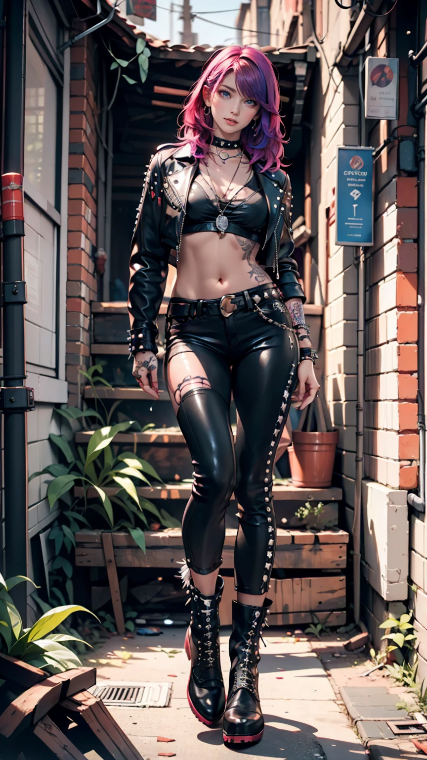 Image of a 20 year old gothic girl (standing_stop) full body(that can be seen from head to toe), blue hair (with bangs combed to the right and short in a bright and strong blue tone), Perfect face, pale skin, Masterpiece, GOOD, Leather Clothes (navel that shows the abdomen and navel together with tight pants(that covers the entire legs up to the ankles) matching in black), layer (long that reaches to the ankles with a hood and a brooch), barefoot_without shoes ( showing your feet exposed without any type of shoes or footwear and black painted nails), along with accessories(like a choker with leather strap type spikes and cross-shaped earrings), a mask (Muzzle_leather shaped mask_vinyl skin that covers the bridge of the nose to under the chin)and makeup(lips, black eyeliner and eyelashes and metallic gray eyeshadow) In a forest_summer(on a path, tall trees) cloudy (clima cloudy_clouds, clouds grises oscuro y húmedo a medio día)