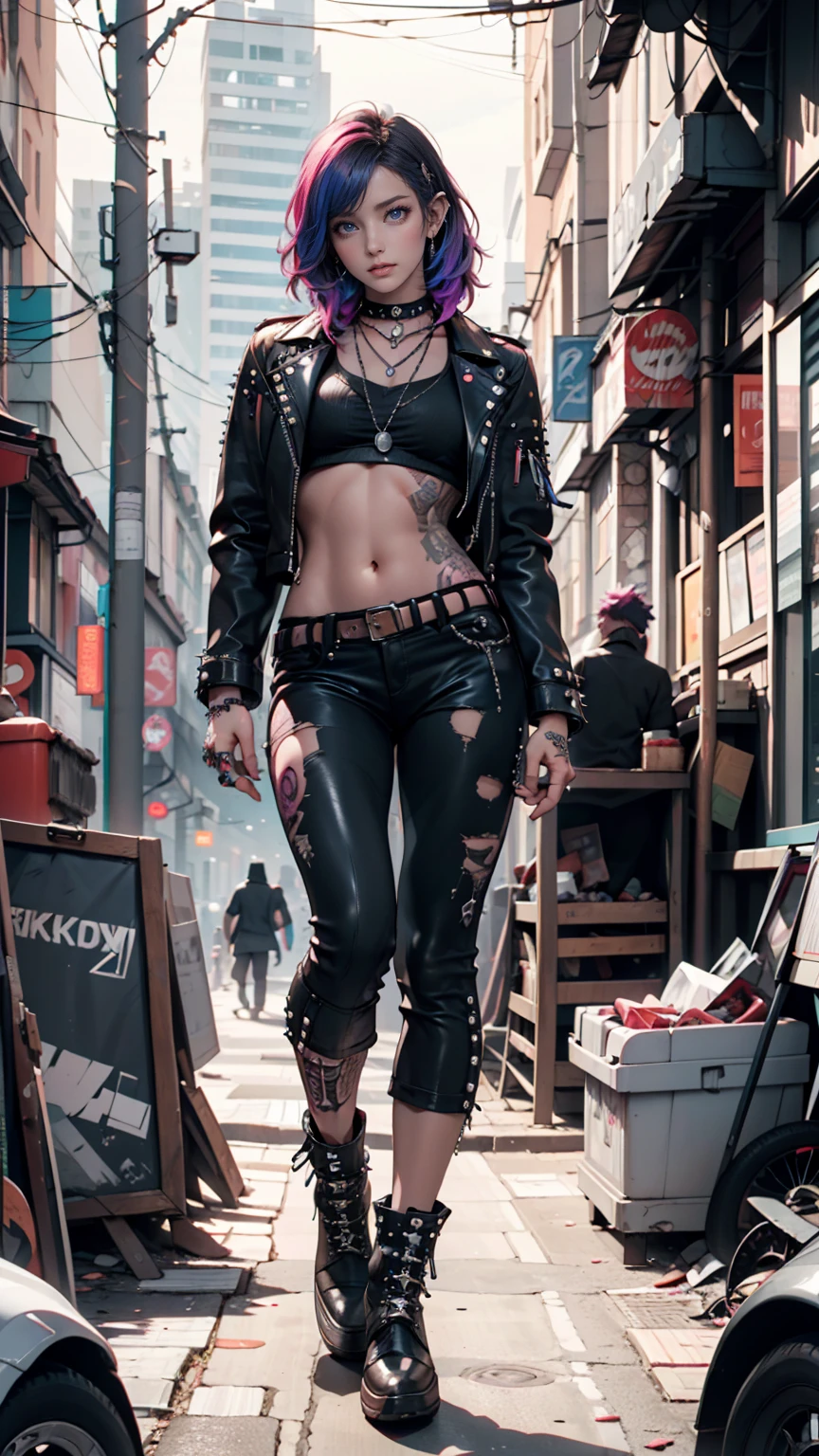 russian old woman, biker gang member, short grey combed back with a lot of hair gel, with very light blue eyes, extremely pale, heavy eye shadows. Thin. Sad, humbce, smeared excessive make up and smeared excessive dark red lipstick Wearing cropped black moto jacket, neon pink leopard print bra, skinny black jeans and white tennis sneakers. Lots of metallic bracelets. Visible thong straps .Big pentacle pendant. Tacky wide belt with massive skull and bones buckle . Demonic tattoos, on belly too. Lots of rings and ethnic bracelets. Wide loop earrings. Looks at the camera with pouty expression. Toned abs, long neck, thin arms and legs. separated legs