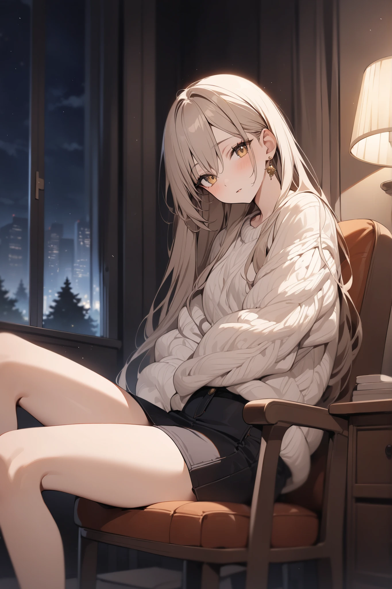 beautiful fox girl sitting on porch looking up at rainy night sky, mature, beautiful