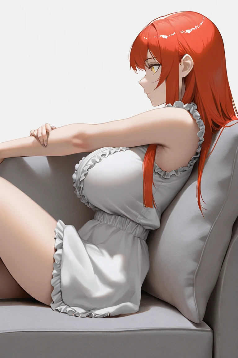 girl possesses long, flowing gray hair in stunning shades of blended. with a girl with red hair in an anime-style setting in sofa at home