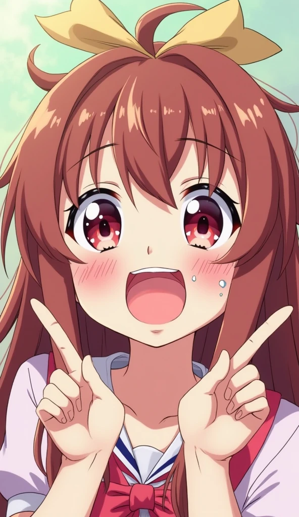 Anime girl with pronounced facial expressions, makes a gesture "Nya", with your tongue out, with exaggerated droplets of saliva in the style of a comedy anime. cheerful facial expression, big shiny eyes , rosy cheeks, background in pastel colors , Style — colorful, dynamic, Japanese anime .