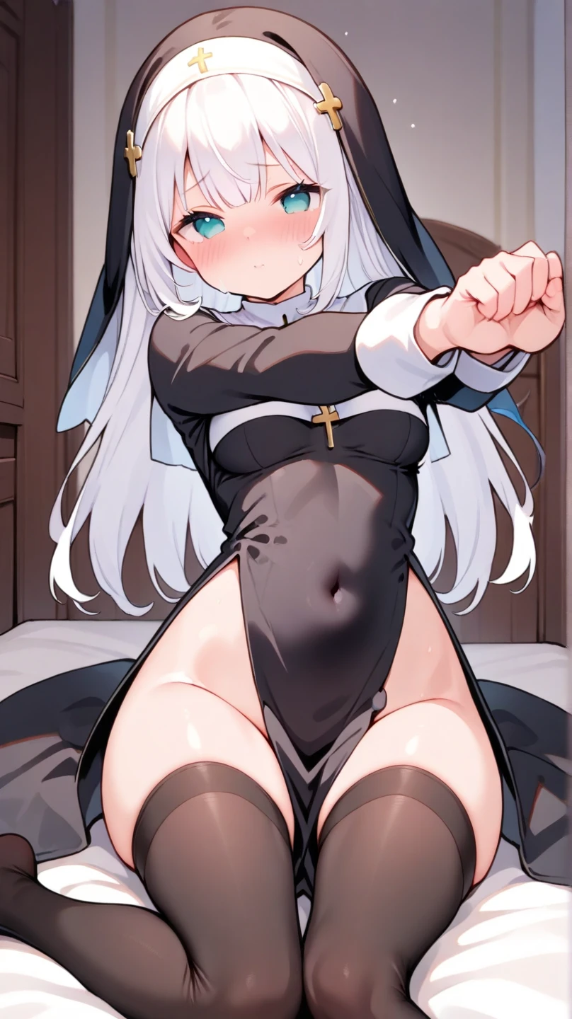 aasister, long hair, nun, habit, white capelet, (black dress:1.2), long sleeves, white gloves, boots, (((legs_spread))), big ass, masterpiece, best quality, 1girl, hentai spread pussy,vivid pussy, vivid cervix,vivid clitoris, spread pussy, pussy grab, hand between legs, (mature female:1.6), (large breasts:1.4),