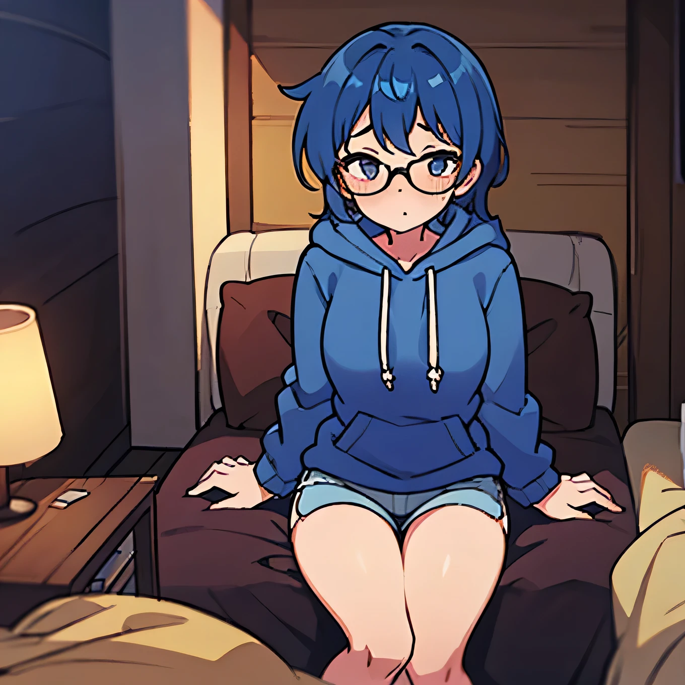 BNA masterpiece, best quality, 1girl, animal ears, solo, furry, raccoon ears, furry female, blue hair, short hair, raccoon girl, closed mouth, full body, multicolored hair, indoors, body fur, multicolored eyes, black hair, two-tone hair, looking to the side, bangs, hair between eyes, animal nose, huge round breasts, very thick round thighs, large thighs, wide hipes, sit on couch, Open clothes, short, white tight shirt, shirt barely can hold breasts