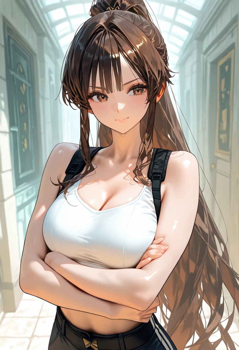 masterpiece,best quality, official art, extremely detailed CG unity 8k wallpaper, ((top quality, 8k, masterpiece: 1.3, ultra hd, high quality, best quality, high definition, ((realism)), sharp focus: 1.5,(Very detailed CG unity 8K wallpaper), Dark Cinematic Lighting, cinematic lighting ,massive breasts,((tan skin))white crop top),The best quality, brunette hair,brown eyes,upper body, cleavage, collarbone, 3:4,((hourglass figure))solo, best quality, masterpiece, extremely detailed CG, extremely detailed 8K wallpaper,((define and athletic body))