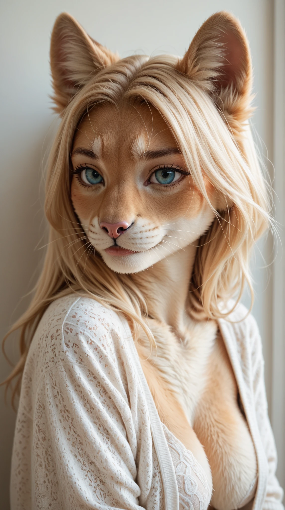 female anthro cat, pamela anderson, bikini, blonde hair, blue eyes, (((masterpiece, fluffy, furry, fur)))