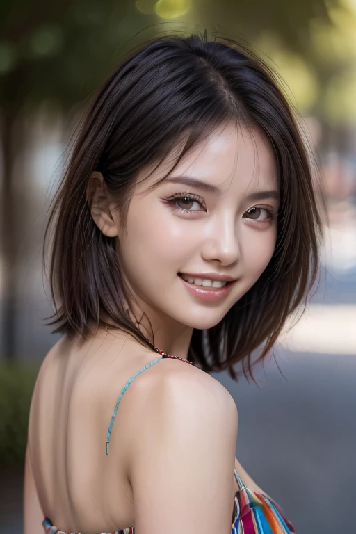 masterpiece, best quality, ultra-detailed, intricately detailed hyperdetailed, realistic, sharp features, highly detailed, sharp focus, (18 years old:1.3), perfect face, perfect symmetrically eyes, perfect full lips, hyper detailed, hyper realistic, high resolution, Fashion Model, Slender, Japanese Idol, brown hair, Stylish, Realistic, Photorealistic:1.3, Beautiful Face, light brown hair, messy hair, Beautiful hairstyle, Neat clothes, (grin), (tight fitting Black tops:1.2),