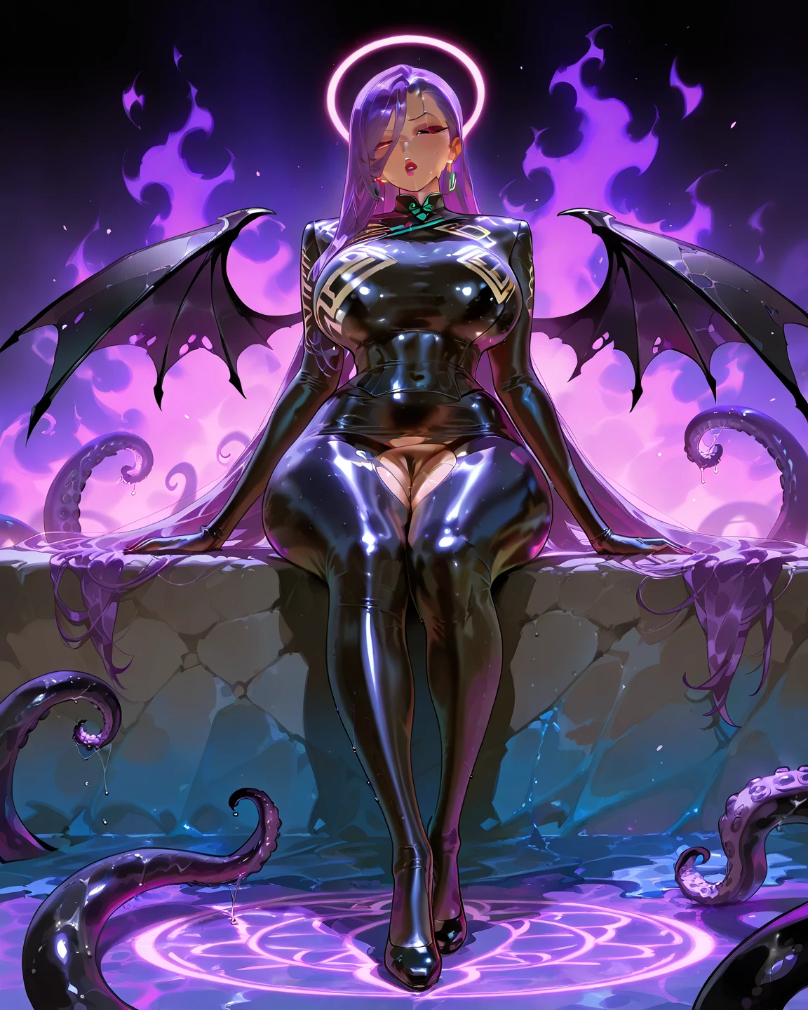 ((Highest quality)), ((masterpiece)), (detailed), (Perfect Face)、The woman is naked and is the Dark Queen of the Black Moon of the Demon King, the Demon Queen Serenity. The woman is wearing a shiny black full-body bodysuit decorated with gold and is a sexy female demon with jet-black skin, Devil Queen Serenity.、The woman is a jet-black female demon with magnificent devil horns, jet-black devil wings, and a jet-black tail. Her skin is jet-black and she has a black inverted crescent moon mark on her forehead. She is the jet-black demon Devil Queen Serenity, and she has long blonde hair in a chignon twin tail and the expression of a girl in love.、Woman is Devil Queen Serenity