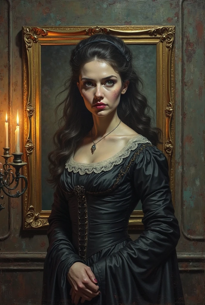 A dark and atmospheric oil painting featuring a stunning Victorian-era woman. She wears an elaborate, high-necked gown adorned with lace and intricate embroidery. Her expression is mysterious, with beautiful eyes that hint at hidden secrets. The setting is a dimly lit, gothic interior, with heavy velvet drapes, a grand fireplace, and an ornate, antique mirror reflecting the flickering light of a candelabrum. Shadows loom in the corners, and the air seems thick with an otherworldly presence, giving the scene an occult and eerie feel. ((Revelating Big boobs)), sexy, detailed face